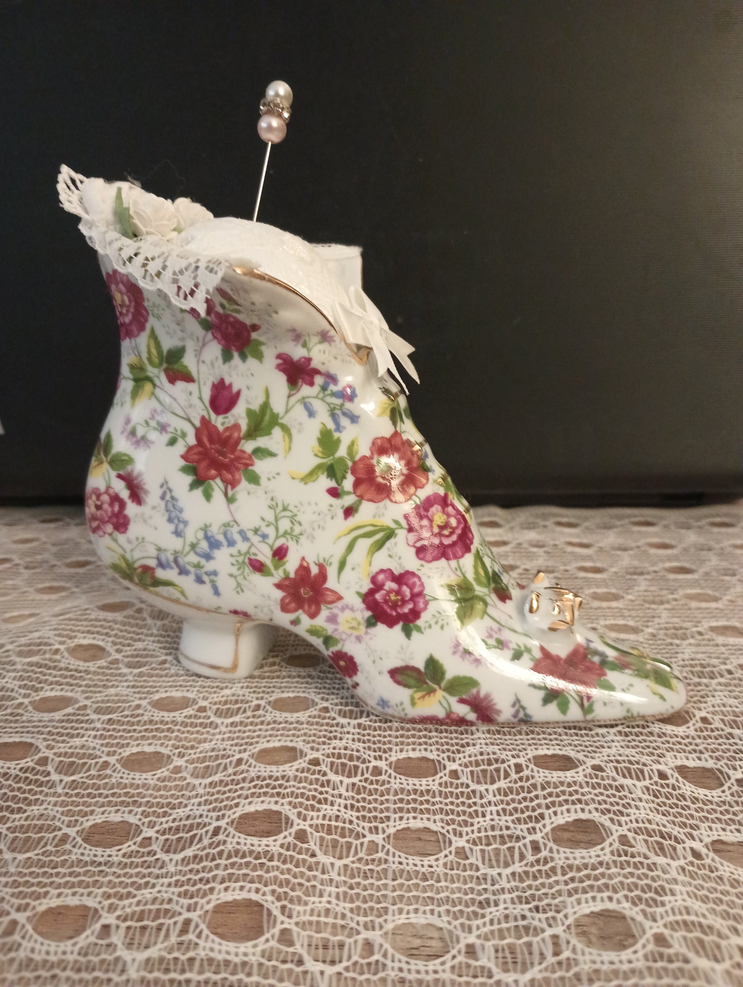 Vintage Porcelain Victorian Shoe Pin Cushion- Repurposed